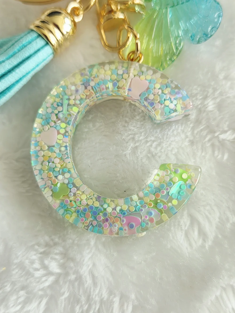 Sparkling Aqua Letter C Keychain with Tassel & Butterfly Bag Charm